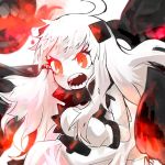  1girl angry dress horns itomugi-kun kantai_collection long_hair mittens monster northern_ocean_hime open_mouth pale_skin red_eyes shinkaisei-kan solo teeth white_dress white_hair white_skin 
