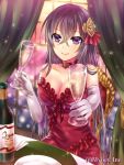  1girl alcohol angelmaster black_hair breasts champagne cleavage dress gift glass hair_ornament holding long_hair looking_at_viewer neme official_art original red_dress smile solo violet_eyes 