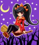  1girl :&lt; ankle_boots ashley_(wario_ware) black_hair black_legwear blush boots broom broom_riding crescent_moon dress flat_chest hairband long_hair moon red_eyes sigurdhosenfeld solo star thigh-highs twintails warioware 