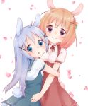  2girls animal_ears blush bunny_tail gochuumon_wa_usagi_desuka? highres hoto_cocoa hug kafuu_chino long_hair looking_at_viewer looking_back multiple_girls rabbit_ears rima_(rimarip) short_hair smile tail 