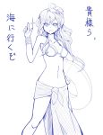  1girl ahoge archangel_metatron_(p&amp;d) bikini_top innertube long_hair looking_at_viewer memento_vivi monochrome navel pointing pointing_up ponytail puzzle_&amp;_dragons sarong solo translation_request 