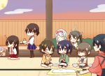  6+girls :&gt; akagi_(kantai_collection) black_hair blue_eyes blue_hair brown_eyes brown_hair cat closed_eyes eating food hair_ribbon hairband heart hiryuu_(kantai_collection) houshou_(kantai_collection) japanese_clothes kaga_(kantai_collection) kantai_collection mochi multiple_girls open_mouth ponytail ribbon satoshi_(peso727) shoukaku_(kantai_collection) side_ponytail sitting souryuu_(kantai_collection) sparkle taihou_(kantai_collection) teapot thigh-highs twintails wagashi white_hair younger zuikaku_(kantai_collection) 