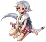  1girl anklet barefoot blue_hair brown_eyes cape choker isha_(ys) jewelry long_pointy_ears necklace official_art pointy_ears short_hair sitting skirt smile solo tail taue_shunsuke wariza white_background wrist_cuffs ys ys_vi 