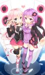  2girls :o absurdres animal_hood black_legwear blue_eyes braid choker headset heart highres hood ia_(vocaloid) jimmy long_hair looking_at_viewer multiple_girls pink_hair pink_skirt purple_hair purple_legwear single_braid single_thighhigh skirt thigh-highs twintails violet_eyes vocaloid yuzuki_yukari 