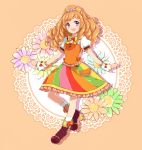  1girl aikatsu! blush boots brown_hair curly_hair dress drill_hair flower hair_flower hair_ornament high_heels himesato_maria long_hair menyo open_mouth orange_background purple_eyes simple_background smile solo 