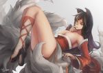  1girl ahri animal_ears black_hair breasts detached_sleeves finger_in_mouth fox_ears fox_tail large_breasts league_of_legends long_hair looking_at_viewer multiple_tails sky_of_morika solo tail yellow_eyes 