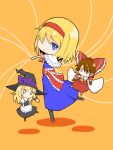  1girl alice_margatroid ascot blonde_hair blue_eyes bow capelet deformed doll hair_bow hair_tubes hairband hakurei_reimu hat ishimu kirisame_marisa puppet_strings solid_oval_eyes touhou witch_hat yellow_background 