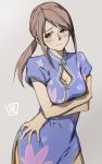  1girl blush brown_eyes brown_hair china_dress chinese_clothes crossed_arms embarrassed idolmaster idolmaster_cinderella_girls long_hair looking_away mifune_miyu shiba_itsuki solo 