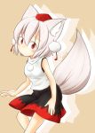  1girl animal_ears bare_shoulders blush breasts brown_background elu_butyo hat highres inubashiri_momiji looking_at_viewer pom_pom_(clothes) red_eyes short_hair silver_hair simple_background solo tail tokin_hat touhou wolf_ears wolf_tail 