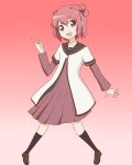  1girl :d akaza_akari double_bun dress highres index_finger_raised jumping k.u.n.e. loafers open_mouth pink_hair school_uniform shoes smile solo violet_eyes yuru_yuri 