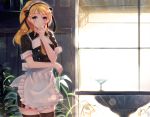  1girl alternate_costume apron ayase_eli blonde_hair blue_eyes enmaided highres jun_project long_hair love_live!_school_idol_project maid maid_headdress ponytail smile solo thigh-highs 