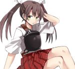  1girl 501092-taka arm_behind_head arm_support bare_legs brown_eyes brown_hair crossed_legs hair_ribbon hakama_skirt japanese_clothes kantai_collection looking_at_viewer muneate pleated_skirt red_skirt ribbon simple_background sitting skirt solo twintails white_background white_ribbon zuikaku_(kantai_collection) 
