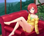  1girl bare_legs bare_shoulders barefoot chair chemise forest highres jacket looking_at_viewer love_live!_school_idol_project nature nishikino_maki off_shoulder open_clothes open_jacket plant potted_plant redhead short_shorts shorts sitting smile solo tucana violet_eyes window 
