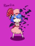  1girl bat bat_wings blue_hair bow brooch crossed_arms deformed grin hat hat_bow ishimu jewelry purple_background red_eyes remilia_scarlet smile solo touhou wings 