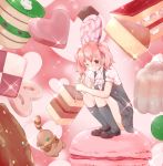  1girl blush cake candy food heart highres inu_x_boku_ss lollipop one_eye_closed pink_eyes pink_hair rima_(rimarip) roromiya_karuta tanuki 