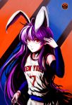  1girl alternate_costume animal_ears bare_shoulders basketball_sleeve basketball_uniform carmelo_anthony elbow_gloves english gloves hand_to_head highres jersey koissa long_hair national_basketball_association new_york_knicks number official_jersey purple_hair rabbit_ears red_eyes reisen_udongein_inaba ringed_eyes shirt shorts solo sportswear touhou very_long_hair violet_eyes wristband 