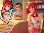  1boy 1girl audrey_belrose breasts cake cleavage cleavage_cutout cut-in dress food frilled_dress frills glasses hunie_pop large_breasts long_hair red_eyes redhead shop sleeveless sleeveless_dress smile 