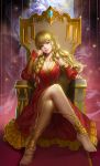  1girl absurdres anklet bare_shoulders barefoot barefoot_sandals blonde_hair blue_eyes braid breasts cleavage crossed_legs dress fate/stay_night fate_(series) genderswap gilgamesh highres hq19910119 jewelry legs lips long_hair mole sitting smile solo throne 