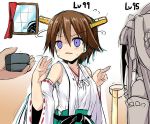  1girl 3girls brown_hair detached_sleeves empty_eyes haruna_(kantai_collection) headgear hiei_(kantai_collection) kantai_collection kongou_(kantai_collection) multiple_girls nontraditional_miko pointing ring_box sen_(astronomy) short_hair solo spilling violet_eyes waving window 