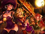  5girls audrey_belrose bare_shoulders beli_lapran black_hair blonde_hair blue_eyes breasts brown_hair cleavage contrapposto cosplay costume demon_horns demon_wings detached_collar dress elbow_gloves fang fingerless_gloves gloves halloween hat highres horns hunie_pop jessie_maye kyanna_delrio large_breasts lola_rembrite long_hair multiple_girls nurse nurse_cap panties pantyshot pantyshot_(sitting) pink_eyes pointy_ears polearm red_eyes see-through sitting strapless_dress syringe thigh-highs trident underwear watermark weapon wings witch_hat 