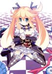  1girl :/ artist_request attouteki_yuugi_mugen_souls attouteki_yuugi_mugen_souls_z blonde_hair blue_eyes blush breasts bridal_gauntlets choujigen_game_neptune cleavage detached_collar full_body garter_straps hair_ribbon long_hair neck_ribbon noire noire_(cosplay) official_art panties pantyshot pantyshot_(sitting) pointy_ears ribbon shilma_(mugen_souls) sitting skirt_hold solo twintails underwear very_long_hair wariza white_panties 