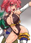  1girl alternate_costume breast_press breasts cleavage hair_bobbles hair_ornament headlock heavy_breathing large_breasts navel onozuka_komachi open_mouth red_eyes redhead revealing_clothes sideboob sling_bikini suikamaru sweat swimsuit thigh-highs thigh_strap touhou two_side_up white_legwear 