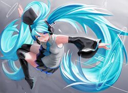  1girl black_skirt blue_hair boots detached_sleeves hatsune_miku headset highres long_hair mamushi necktie open_mouth outstretched_arms pleated_skirt skirt solo spread_arms thigh-highs thigh_boots twintails very_long_hair violet_eyes vocaloid wide_sleeves wing_collar 