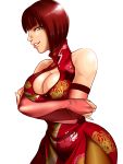  1girl anna_williams bangs bare_shoulders blue_eyes blunt_bangs bob_cut breasts bridal_gauntlets brown_hair china_dress chinese_clothes cleavage cleavage_cutout crossed_arms elbow_gloves gloves grin highres large_breasts lips pantyhose pleasure-treasure sheer_legwear short_hair side_slit smile solo tekken 