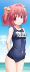  1girl absurdres bell blue_sky byeontae_jagga character_name clouds collarbone hair_bell hair_ornament highres motoori_kosuzu ocean one-piece_swimsuit pink_eyes pink_hair school_swimsuit sky smile solo swimsuit touhou two_side_up water 