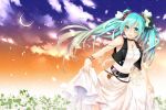  1girl aqua_eyes aqua_hair asphyxiation belt blush bracelet choking clouds crescent_moon dress flower hair_ribbon hatsune_miku jewelry long_hair moon necklace ribbon skirt_hold sky smile solo twintails very_long_hair vocaloid 