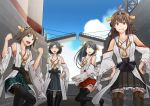  4girls ahoge black_hair blue_eyes blue_sky boots brown_eyes brown_hair clenched_hands clouds detached_sleeves drawbridge grin hand_on_hip haruna_(kantai_collection) hiei_(kantai_collection) highres kantai_collection kirishima_(kantai_collection) kongou_(kantai_collection) looking_at_viewer multiple_girls nontraditional_miko one_leg_raised open_mouth outdoors plaid plaid_skirt pleated_skirt rane_(etsu) ribbon-trimmed_sleeves ribbon_trim short_hair skirt sky sleeves_past_wrists smile standing thigh-highs thigh_boots wide_sleeves 