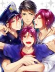  4boys black_hair blue_eyes blush free! future_fish grin group_hug hug male matsuoka_rin multiple_boys open_mouth red_eyes redhead sharp_teeth short_hair smile sweat time_paradox yamazaki_sousuke 