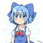  1girl :o blue_eyes blue_hair blush bow bowtie bust cirno collared_shirt dress hair_bow highres ice ice_wings looking_at_viewer pink_background puffy_short_sleeves puffy_sleeves short_hair short_sleeves signature solo touhou white_background wide-eyed wings yuutamiitan 