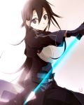  1boy black_eyes black_hair breastplate energy_sword fingerless_gloves gloves grey_background highres kirito kirito_(sao-ggo) long_hair simple_background sword sword_art_online trap tsukimori_usako weapon 