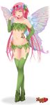  1girl ^_^ bare_shoulders bikini closed_eyes crossed_legs detached_sleeves fairy fairy_wings flat_chest flower_wreath green_bikini green_legwear hand_on_hip hunie_pop kyu_sugardust leaf_bikini long_hair low_twintails lowleg lowleg_bikini navel pink_hair smile solo swimsuit tattoo tiptoes twintails wings 