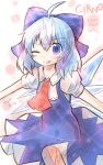  1girl ;p absurdres ahoge blue_eyes blue_hair bow cirno hair_bow hair_ribbon highres ice ice_wings looking_at_viewer one_eye_closed outstretched_arms ribbon short_hair sketch smile solo spread_arms tongue tongue_out touhou wings yurume_atsushi 