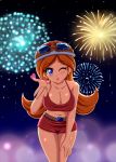  1girl ;) blown_kiss blue_eyes blush breasts brown_hair cleavage crop_top earrings fireworks goggles goggles_on_head hand_on_thigh helmet highres jewelry large_breasts long_hair looking_at_viewer midriff mona_(warioware) night night_sky shorts sigurdhosenfeld sky smile solo thigh_gap warioware wink 