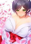  1girl bare_shoulders breasts cleavage green_eyes japanese_clothes katourennyu large_breasts long_hair love_live!_school_idol_project petals purple_hair smile solo toujou_nozomi 
