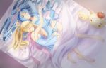 2girls aerlai barefoot bed bed_sheet blonde_hair blue_eyes closed_eyes flat_chest idunn_&amp;_idunna long_hair multiple_girls nightgown panties ponytail puzzle_&amp;_dragons shirt sleeping small_breasts striped striped_panties twintails underwear very_long_hair 