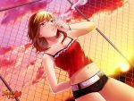  1girl against_fence arm_behind_back audrey_belrose belt blonde_hair bracelet brown_hair camisole chain-link_fence cigarette cutoffs delinquent dutch_angle fence hunie_pop jewelry midriff multicolored_hair navel ninamo official_art red_eyes short_hair short_shorts shorts small_breasts smoking solo spaghetti_strap sunset two-tone_hair watermark 
