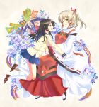  2girls :d animal_on_head artist_request blonde_hair blue_skirt brown_hair floral_background flower fox friends full_body fushimi_inari geta hair_ribbon happy high_ponytail highres inari_konkon_koi_iroha. japanese_clothes kneehighs kon_(inakon) long_hair long_sleeves multiple_girls open_mouth ribbon school_uniform serafuku shoes side skirt sleeves_past_wrists smile tabi traditional_clothes tress_ribbon uka-no-mitama-no-kami_(inakon) white_legwear wide_sleeves yellow_eyes 