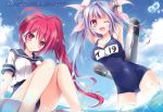  2girls arms_up blue_hair breasts highres i-168_(kantai_collection) i-19_(kantai_collection) in_water kantai_collection karory multiple_girls pink_eyes pink_hair school_swimsuit star star-shaped_pupils swimsuit swimsuit_under_clothes symbol-shaped_pupils torpedo water 