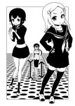  3girls blush cyclops fingers_together frown hair_ornament hairclip hands_on_hips hitomi_(hitomi_sensei_no_hokenshitsu) hitomi_sensei_no_hokenshitsu long_hair long_sleeves midriff monochrome multiple_girls navel one-eyed ooki_kyouko optical_illusion osanai_chisa oversized_clothes payot ponytail school_nurse school_uniform shake-o skirt smile sweatdrop thigh-highs undersized_clothes white_border zettai_ryouiki 