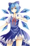  1girl blue_dress blue_eyes blue_hair blush bow cirno dress dress_shirt frilled_skirt frills hair_bow highres ice ice_wings looking_at_viewer puffy_short_sleeves puffy_sleeves red_ribbon ribbon shirt short_hair short_sleeves simple_background skirt smile solo touhou white_background white_shirt wings 