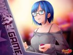  1girl arcade_cabinet bare_shoulders blue_eyes blue_hair bra_strap glasses hunie_pop nikki_ann-marie ninamo off-shoulder_sweater official_art playing_games ribbed_sweater short_hair solo sweater watermark 