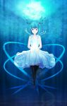  1girl alternate_costume bare_arms bare_shoulders black_legwear blue_eyes blue_hair bubble collarbone dress floating floating_hair hair_bobbles hair_ornament highres kawashiro_nitori light_rays no_hat short_hair sleeveless smile solo sundress thigh-highs touhou twintails underwater wet wet_clothes 