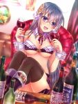  1girl :d alcohol angelmaster blurry breasts champagne cleavage depth_of_field glass hair_ornament holding long_hair looking_at_viewer midriff neme official_art open_mouth original silver_hair smile solo thighhighs underboob violet_eyes 