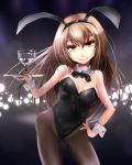  1girl animal_ears bowtie brown_eyes brown_hair bunnysuit cup detached_collar goblet grimjin hand_on_hip highres long_hair original pantyhose rabbit_ears tray wine_glass wrist_cuffs 