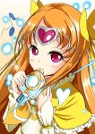  1girl bow circlet cure_muse_(yellow) hair_bow heart highres long_hair magical_girl musical_note orange_hair pink_eyes precure shirabe_ako shiratama0426 smile solo suite_precure whistle 