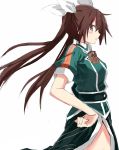 1girl 501092-taka blush bowtie brown_eyes brown_hair from_side hair_ribbon hand_on_hip kantai_collection looking_at_viewer military military_uniform ribbon side_slit simple_background solo tone_(kantai_collection) twintails uniform white_background white_ribbon 